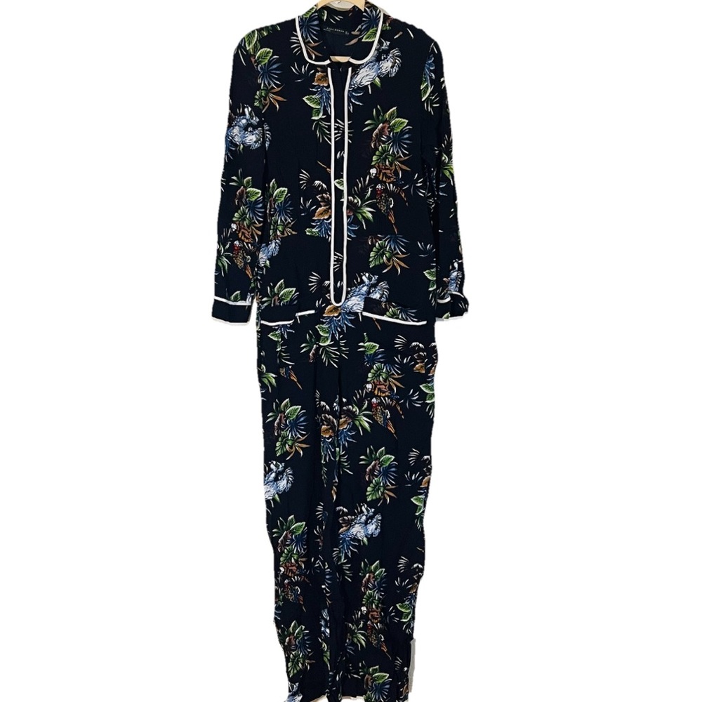Women’s Zara Collar Floral Macaw Button Up Pant Jumpsuit Tropical Size L Parrot - Picture 1 of 8